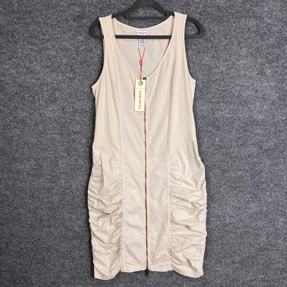 NEW Wearables Zipper Front Dress Womens Medium Beige Ruched Cotton Spandex